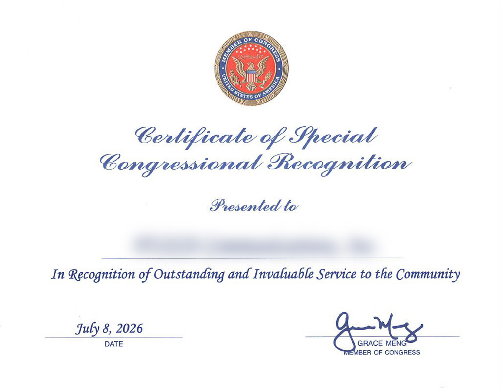 Certificate of Special Congressional Recognition
