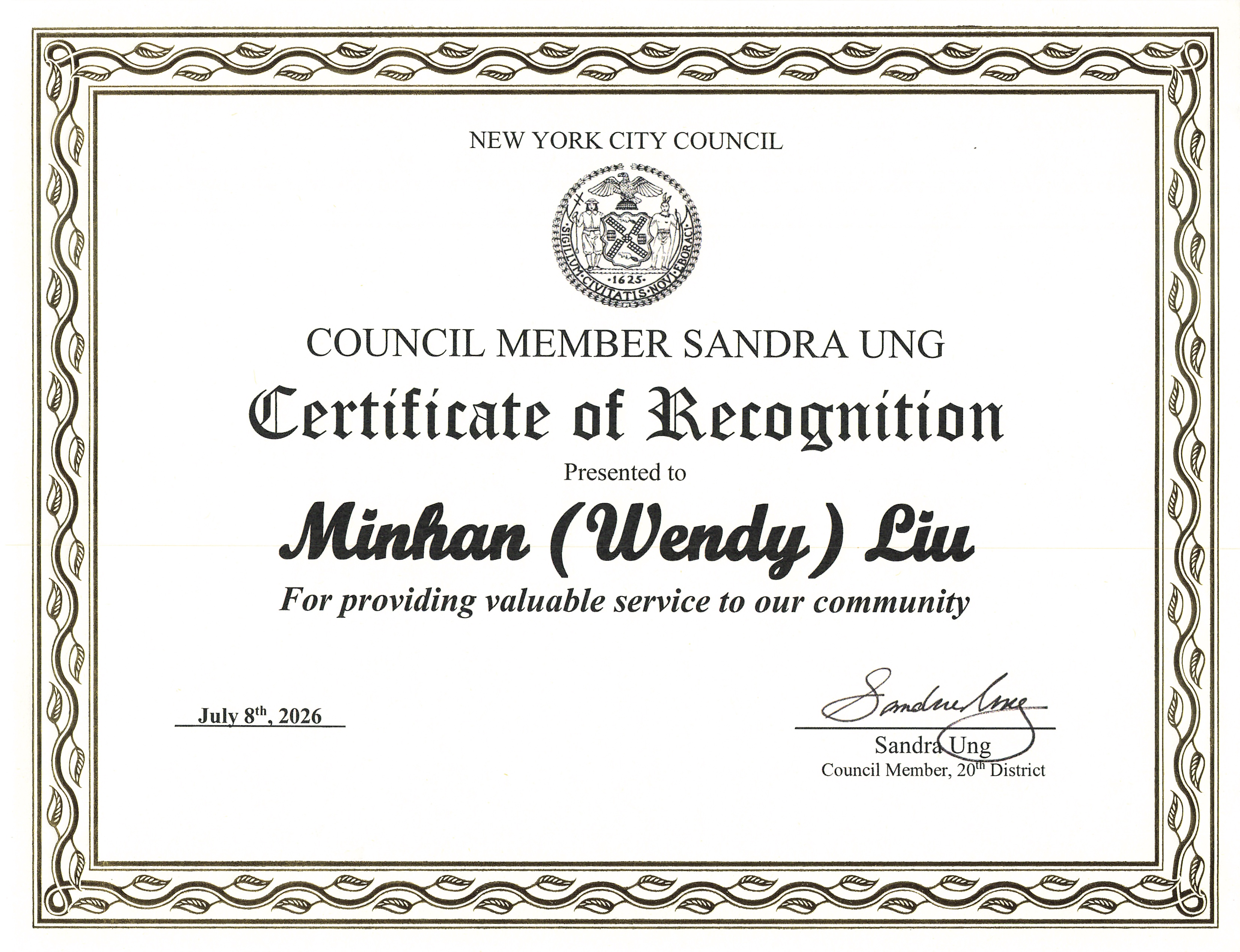 Certificate of Recognition