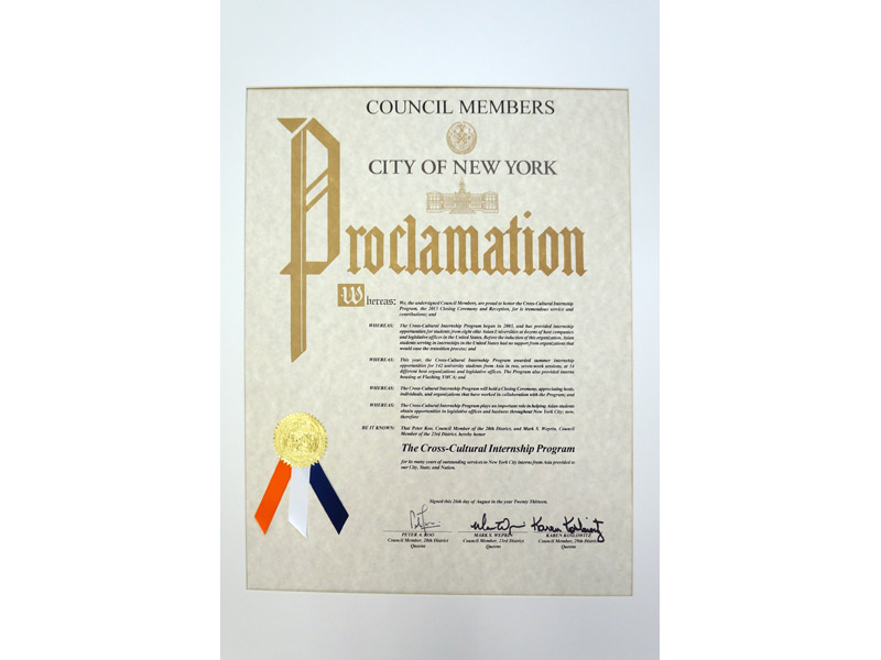 NYC Comptroller declared Aug 26, 2013 as "CCIP Appreciation Day" in NYC